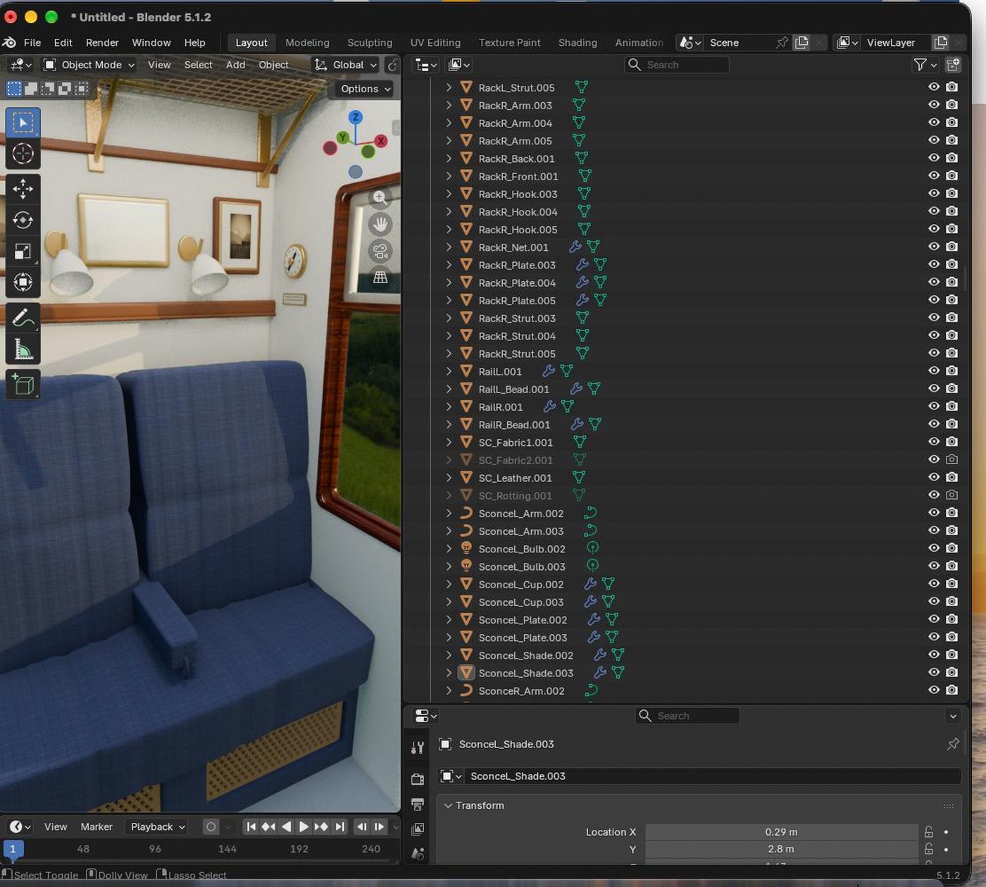 Вагон-купе: сцена, собранная в Blender